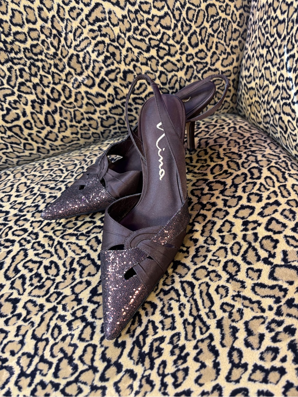 ✨Vintage Y2K Leather Chocolate Glitter Pointed Toe Sling Back Kitten Heels✨